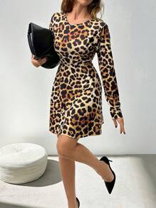 EURMUSE LEOPARD BOW DETAILED SHORT DRESS SIMPLE FASHION DAILY CASUAL - Multicolor - View 4