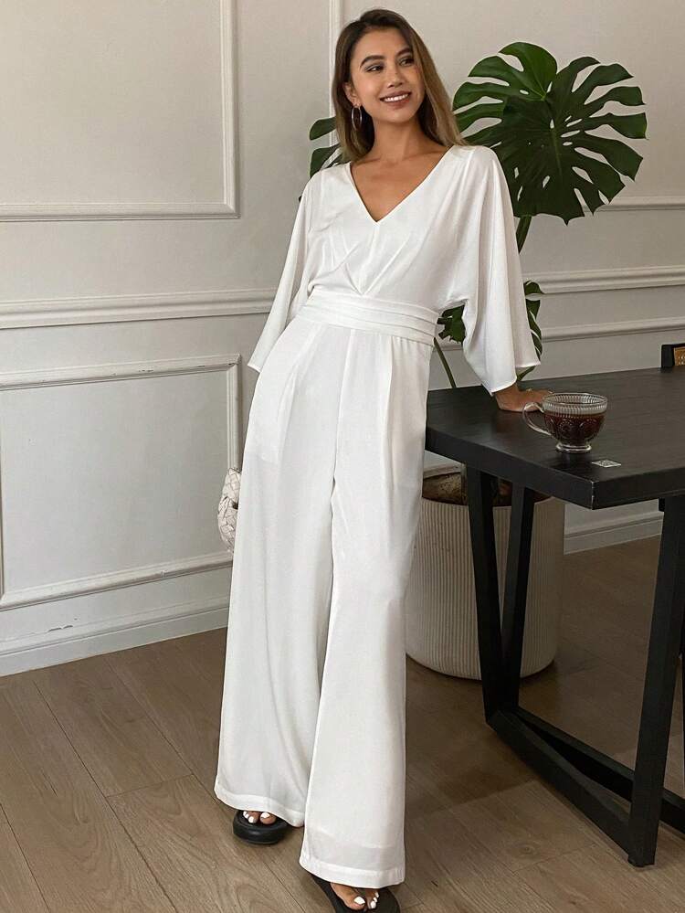 1pc Women's Solid V-Neck Ankle Length Jumpsuit, Elegant Vintage Style, Summer Women Jumpsuit, Fall Clothes Jumpsuits For Women Lounge Sets For Women