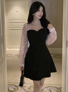 DAZY Women's Color Block Casual Elegant Korean Style Long Sleeve Midi Dress