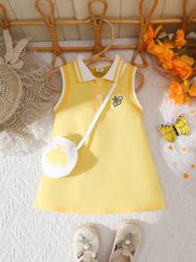 2 件套女婴春夏休闲风格蝴蝶刺绣无袖连衣裙和斜挎包 - 黃色 - 查看 1