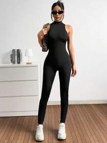 SHEIN EZwear 黑色针织无缝无袖连体裤