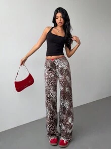 Aloruh Nuevos pantalones ceñidos de cintura alta, estilo casual, de estampado retro americano con lazo, decoración floral de encaje y estampado de leopardo, de estilo dulce y picante