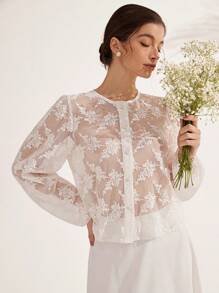 SHEIN Unity 白色花卉優雅夏季婚禮賓客法式鏤空刺繡網紗長袖鈕扣圓領上衣，女士約會之夜百搭款 - 白色 - 查看 1