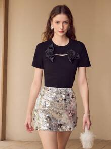 MOTF 立体花卉镂空 T 恤 - 黑色 - 查看 1