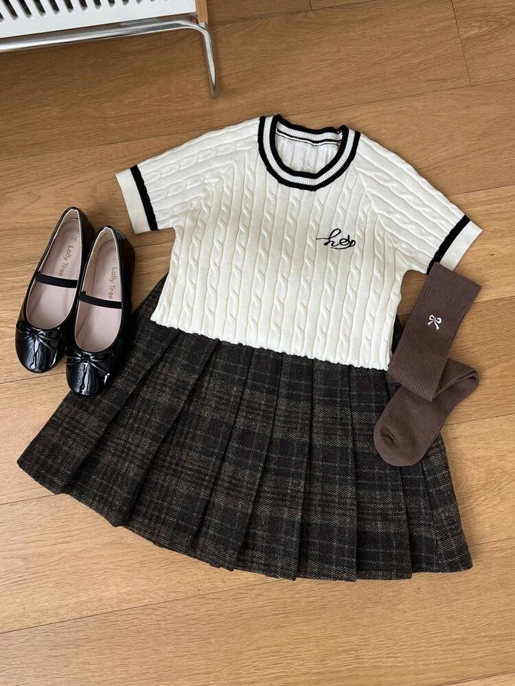 Tween Girl Letter Embroidered Round Neck Short Sleeve Sweater, Suitable For Spring/Summer,Back To School Clothes