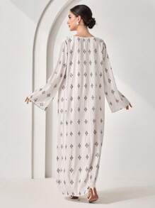 Veilorie Modest Casual Pleated Floral Print Women's Abaya, Turkish Dress, Extra Long Dress, Kaftan & Jalabiya - Apricot - View 6