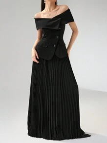 Modelyn Elegant Shoulder Strap Top And Pleated Midi Skirt Women's 2 Pieces Suit, Business Professional Outfit - Black - View 5