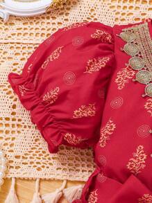 Îmbrăcăminte pentru fetițe Rochie elegantă de vară cu mâneci scurte cu guler brodat cu imprimeu auriu, potrivită pentru petreceri, festivaluri și activități în aer liber - roșu - Vizualizare 5