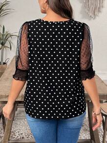 EMERY ROSE 大码女式波点雪纺拼布衬衫，浪漫优雅，春夏