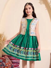 少女花卉提花背心连裙两件套 - 綠色 - 查看 1