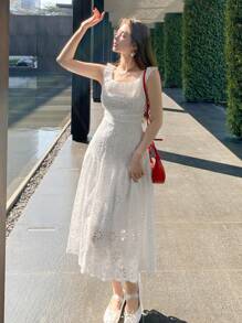 DAZY 女式荷叶边领刺绣中长连衣裙太阳裙