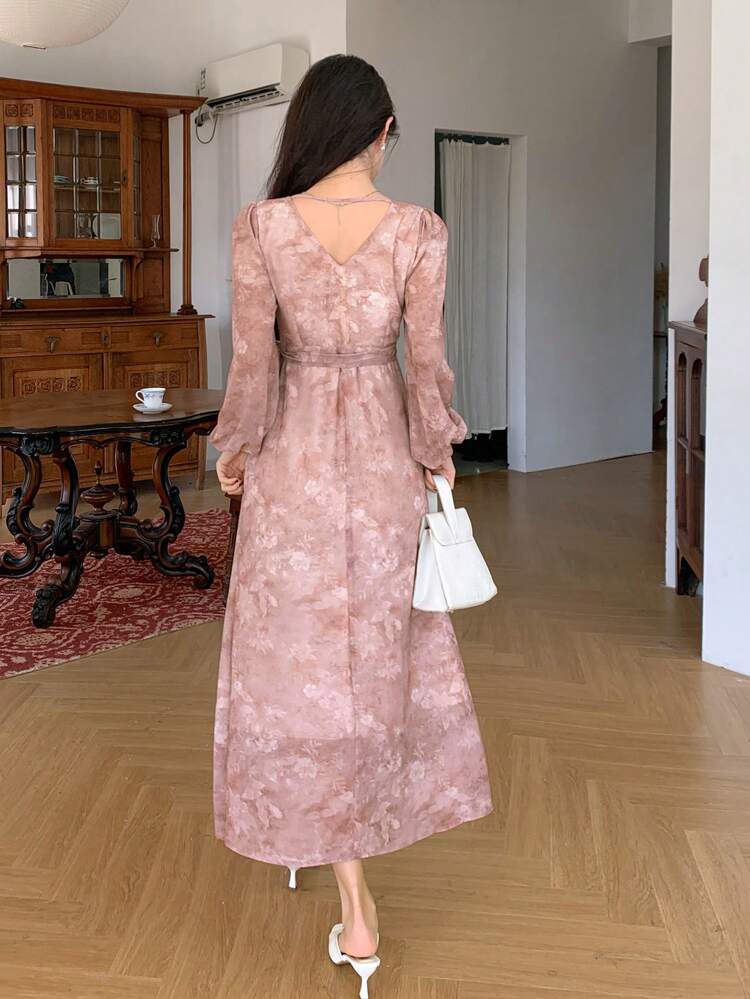 Women's All-Over Floral Print V-Neck Tied Oblique Placket Fitted Long Dress, Holiday Vacation Beach, Spring/Summer/Autumn Long Sleeve Dress