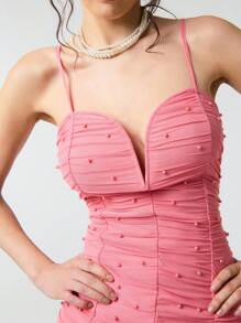 SHEIN Unity Robe moulante mini col en V en maille froncée rehaussée de perles, élégante pour la Saint-Valentin