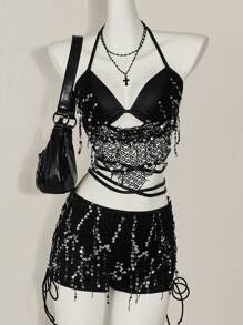 SHEIN ICON Sequin Halter Backless Tie Strap Cami Tank Top And Low Waist Shorts Set - Black - View 1