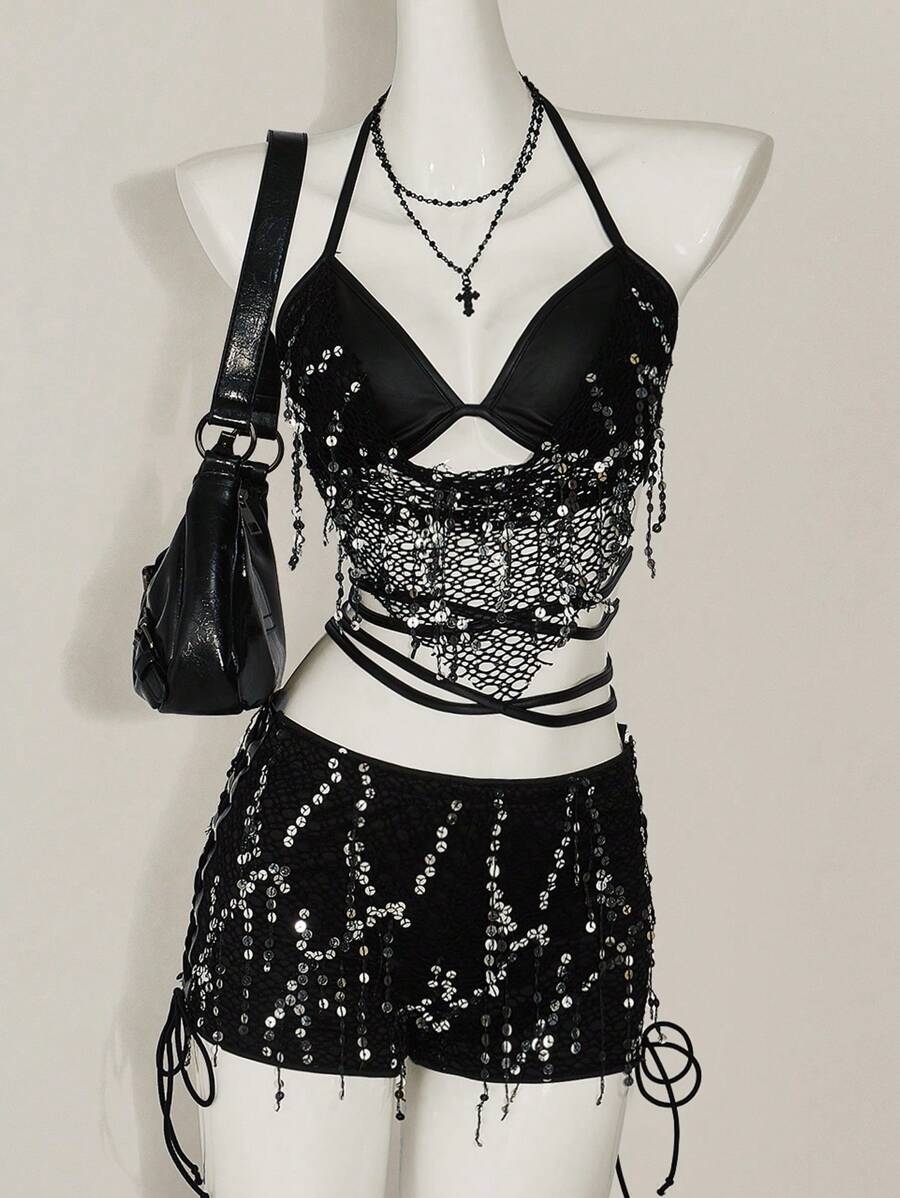 SHEIN ICON Sequin Halter Backless Tie Strap Cami Tank Top And Low Waist Shorts Set - Black - View 1