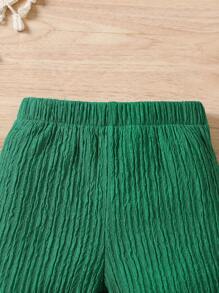 2pcs/Set Young Girl Plain Round Neck Side Split Hem Top & Shorts Set - Green - View 4