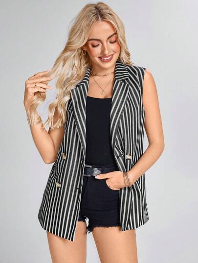 SHEIN LUNE 女士无袖黑白条纹薄款西装外套