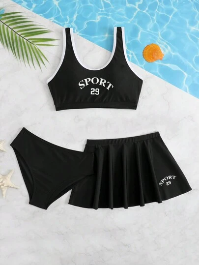3pcs/Set Black & Colorblock Sports Swimsuit, Skirt Style, Snug Fit, Suitable For Sports, Vacation, Hot Spring, Beach