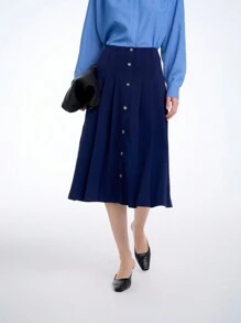 Aalyst Women's High Waist Single-Breasted Pleated Knee Length Skirt, Modest Elegant Country Style