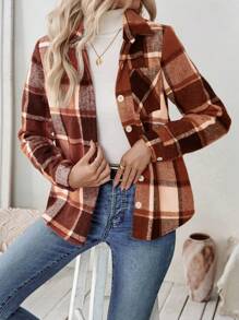 SHEIN LUNE Chaqueta casual con botones y bolsillos con estampado a cuadros de manga larga para mujer, camisa de uso casual diario para mujer