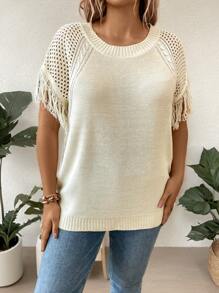 Breezaya Plus Size Boho Round Neck Fringed Casual Daily Wear Spring Summer Short Sleeve Knitwear Top