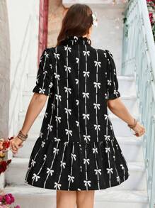 SHEIN LUNE Vestido de talla grande con escote en V, estampado floral y patchwork, casual y de moda para uso diario - Negro - Ver 2
