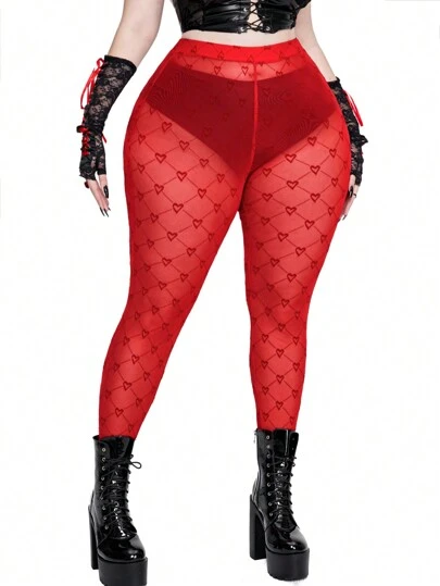 Whyspr Leggings transparentes de talla grande con estampado de cuadros y corazones para el Día de San Valentín