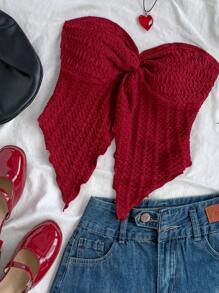 Soleia Romantic Casual Vacation White Textured Fabric Strapless Front Slit Chiffon Blouse, Versatile For Afternoon Tea & Getaway, Back To School Season