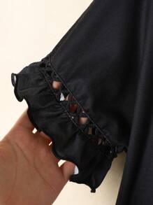 SHEIN Tween Girl Drop Shoulder Splice Floral Ruffle Graphic Short Sleeve Casual T-Shirt - Black - View 6