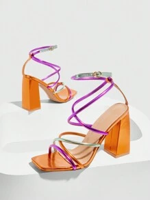 CUCCOO SZL Fashionable Colorful Strap Ankle Strap Square Toe Chunky High Heel Sandals, Suitable For Commuting, Dating, Party, And Other Occasions - Multicolor - View 7