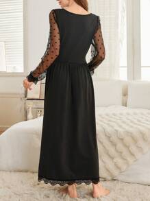 Moonlight&Mama Polka Dot & Mesh Patchwork See-Through Long Sleeve V-Neck Waisted Maternity Nightgown - Black - View 2