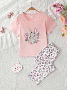 2pcs/Set Young Girl' Cute Rabbit & Floral Cartoon Graphic Comfy Short Sleeve Top And Pants Sleepwear Set - Pink - View 1