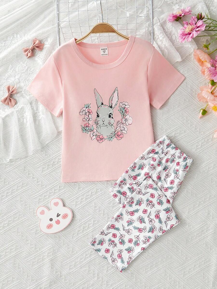 2pcs/Set Young Girl' Cute Rabbit & Floral Cartoon Graphic Comfy Short Sleeve Top And Pants Sleepwear Set - Pink - View 1