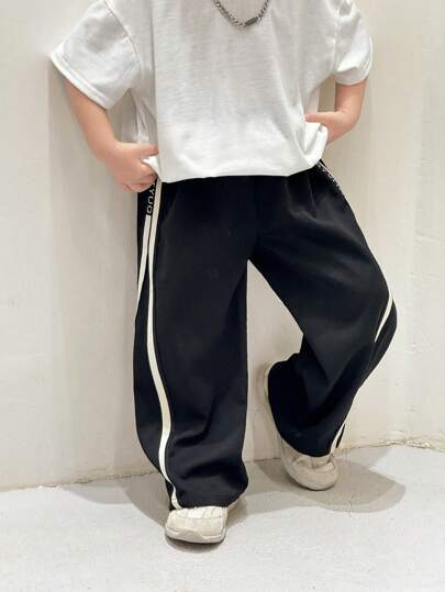 SHEIN 1 件装年轻男孩日韩宽松丝带装饰袖口黑色长裤适合生日派对、晚会、表演、婚礼
