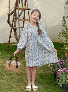 LMoss Kids LMoss Tween Girl 碎花编织圆领连衣裙，配发带