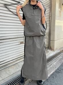FRIFUL 女士灰色宽松休闲套装，无袖外套和撞色半裙运动套装，夏季女士两件套家居服套装 - 灰色 - 查看 1