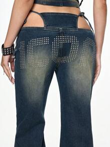 ROMWE Grunge Punk Y2K Rivet 2 In 1 Extremely Low Waist Flare Jeans Pants For Women, Suitable For Concerts & Festivals - Blue - View 2