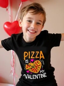Young Boy Valentine's Pizza Pattern Short Sleeve Round Neck T-Shirt, Suitable For Summer - Black - View 1