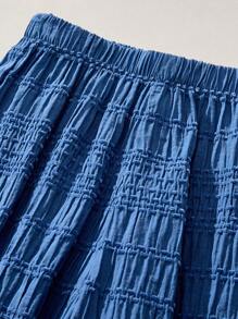 THE HAPPY LOOK Young Girls Blue Woven Fabric Round Neck Lantern Sleeve Lace Panel Flared Hem Loose Shirt And Elastic Waistband Balloon Leg Pants Set, Mori Style, Autumn/Winter