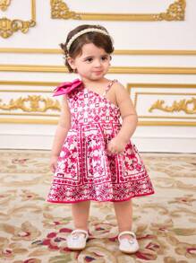 SHEIN 女宝宝可爱花卉印花无袖单肩夏季连衣裙 - 玫紅色 - 查看 6