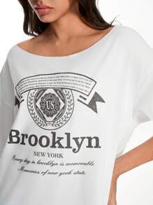 SHEIN Unity Camiseta holgada de cuello redondo con estampado vintage de talla grande - Blanco - Ver 3