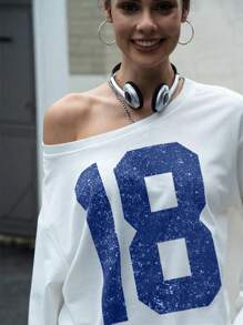 INAWLY Numeric Print Round Neck Pullover Sweatshirt Fall Women Clothing,Long Sleeve Tops