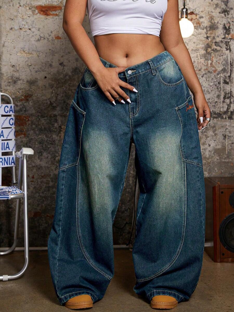 SHEIN ICON Plus Size Women's Pocket Design Wide Leg Loose Casual Denim Jeans - Navy Blue - View 1