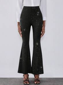 Chiquease Pantalones de pierna ancha con talle alto, elásticos, decorados con rhinestones, ligeros y delgados, de corte campana para verano