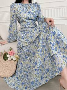 Feyla 女士优雅浪漫油画印花灯笼袖连衣裙春季、情人节波西米亚风太阳裙演唱会服装女装