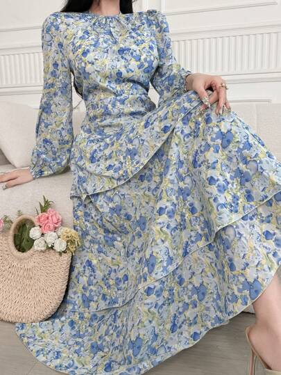 Feyla Women Elegant Romantic Oil Painting Printed Lantern Sleeve Dress Spring, Valentine's Day Boho Sundress Concert Outfit Women