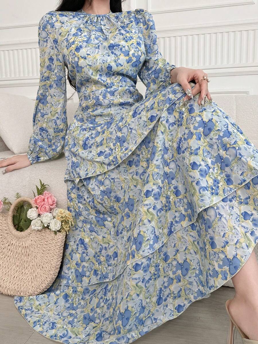 Feyla 女士优雅浪漫油画印花灯笼袖连衣裙春季、情人节波西米亚风太阳裙演唱会服装女装