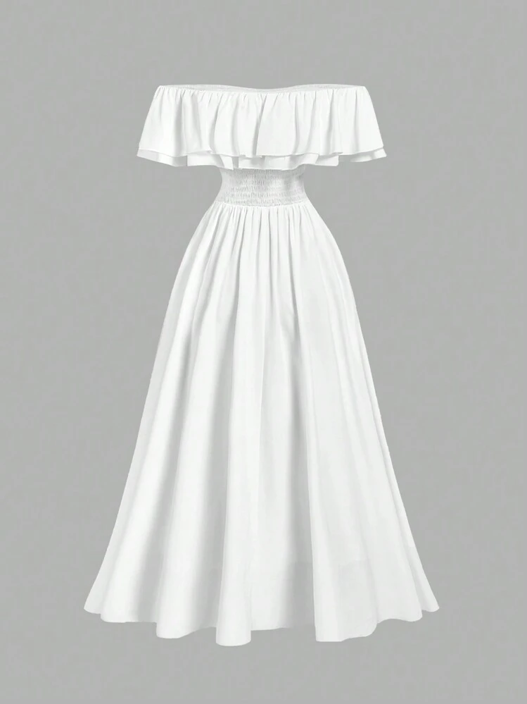 SHEIN MOD ワンショルダー フリル 飾り付きウエスト ホワイト リゾートドレス、ボヘミアンドレス、バレンタインデードレス、ブランチドレス、春デートドレス、レディースハワイアンウェア、ビーチバケーションウェア - ホワイト - 見る 2