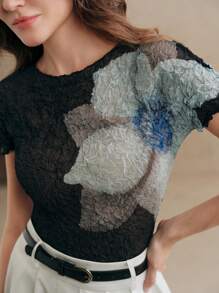 Anewsta SHEIN X Hannahelzahed 弹力褶皱纹理透视圆领短袖上衣T恤，优雅春夏女装 - 黑色 - 查看 5