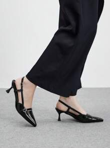 CUCCOO BIZCHIC 女士尖头镂空踝带小猫高跟鞋，优雅别致的正式一脚蹬办公室高跟鞋，舒适的黑色仿皮工作鞋或情人节约会鞋 - 黑色 - 查看 4